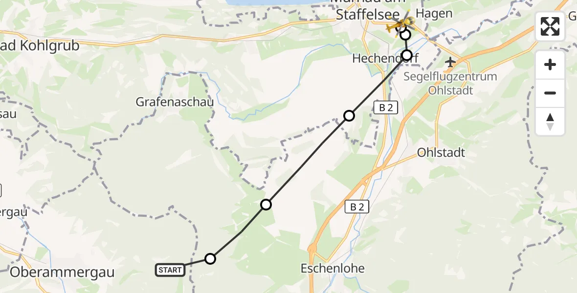 Flugroute Rettungshubschrauber Oberammergau - Murnau Accident Hospital, 25 März 2026, 07:06