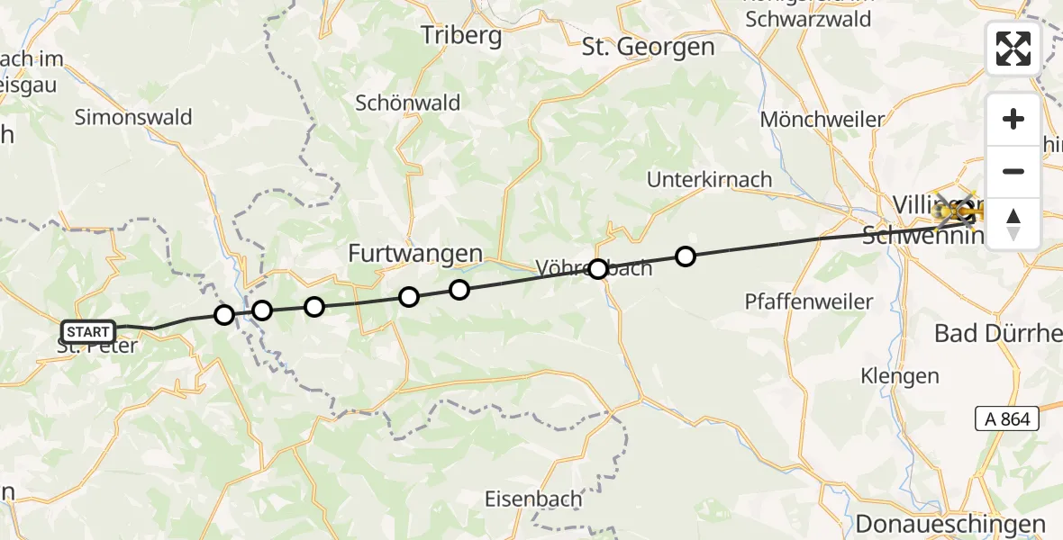 Routekaart van de vlucht: Rettungshubschrauber nach DRF Air Rescue Station Villingen-Schwenningen Hubschrauberlandeplatz (Christoph 11)