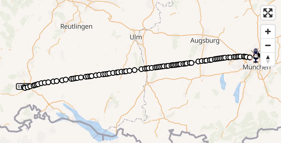 Flugroute Polizeihubschrauber Donaueschingen-Villingen Flugplatz - Oberschleißheim, 25 März 2026, 07:12