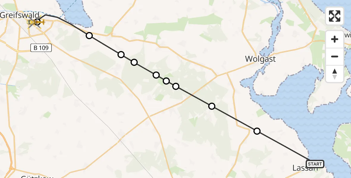 Routekaart van de vlucht: Rettungshubschrauber nach Greifswald Hospital