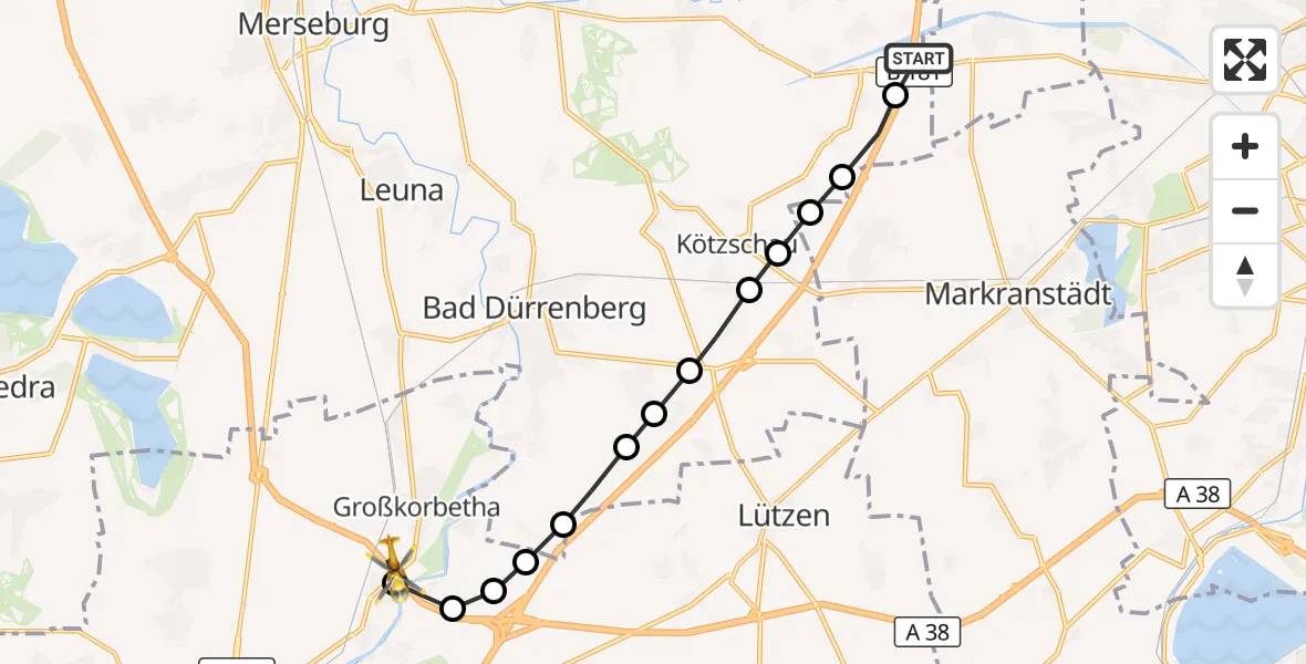 Flugroute Rettungshubschrauber ADAC Air Rescue Station Leipzig/Schkeuditz-Dölzig Hubschrauberlandeplatz (Christoph 61) - Schkortleben, 25 März 2026, 07:13
