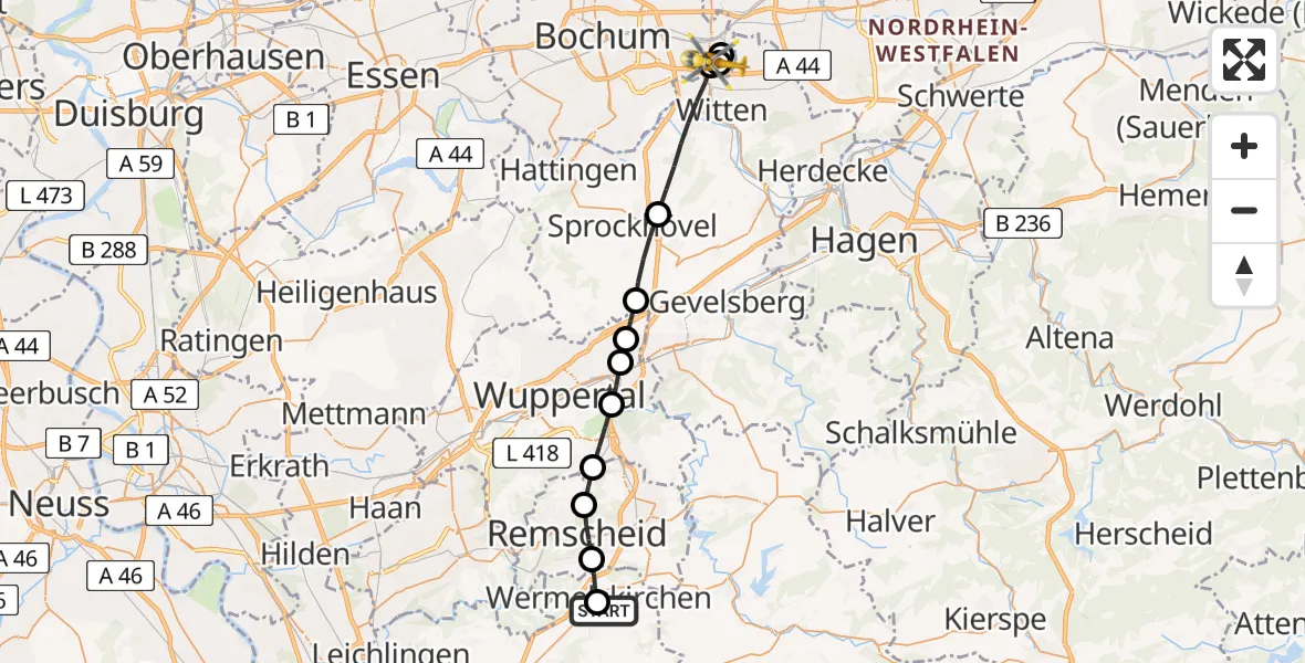 Flugroute Rettungshubschrauber Eipringhausen - Bochum University Miners' Hospital, 25 März 2026, 07:15