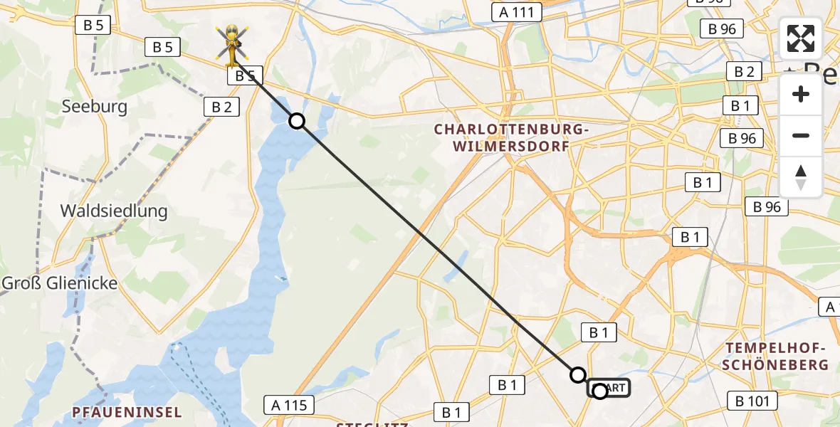 Flugroute Rettungshubschrauber Charité Clinic Benjamin Franklin Campus - Spandau, 25 März 2026, 07:15
