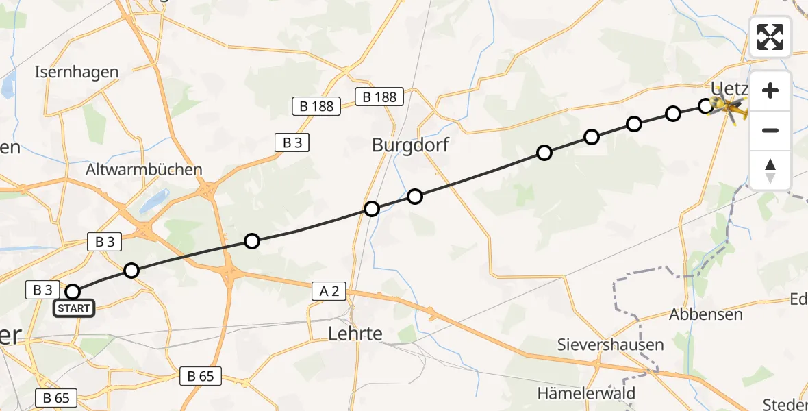 Flugroute Rettungshubschrauber Hannover Luftrettung Hubschrauberlandeplatz (Christoph 4) - Uetze, 25 März 2026, 07:17