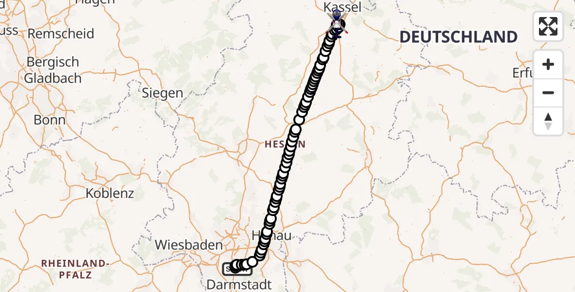 Flugroute Polizeihubschrauber Flughafen Frankfurt-Egelsbach - Edermünde-Grifte Flugplatz, 25 März 2026, 07:19