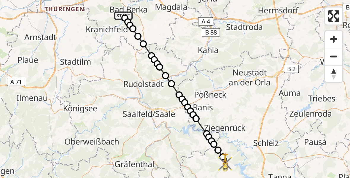 Flugroute Ambulanzhubschrauber Bad Berka Central Hospital - Remptendorf, 25 März 2026, 07:21