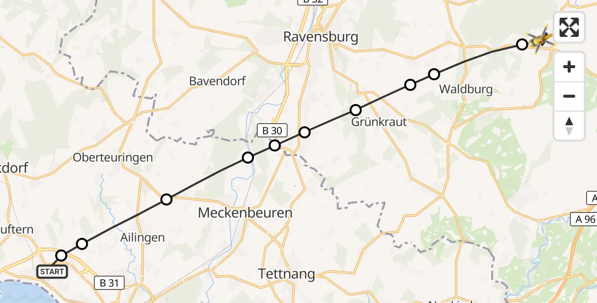 Flugroute Rettungshubschrauber Friedrichshafen Hospital - Vogt, 25 März 2026, 07:37