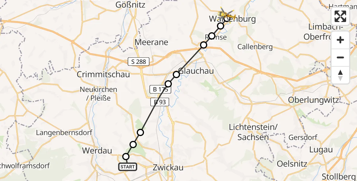 Flugroute Rettungshubschrauber ADAC Air Rescue Station Zwickau Hubschrauberlandeplatz - Waldenburg, 25 März 2026, 07:41