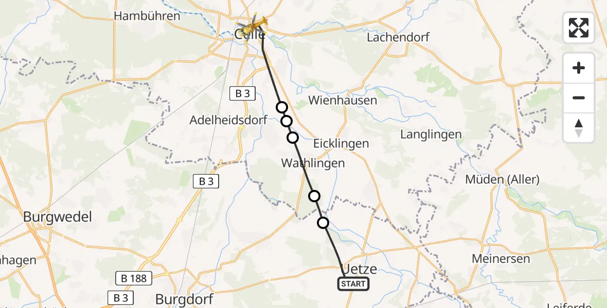 Flugroute Rettungshubschrauber Uetze - Celle, 25 März 2026, 07:50