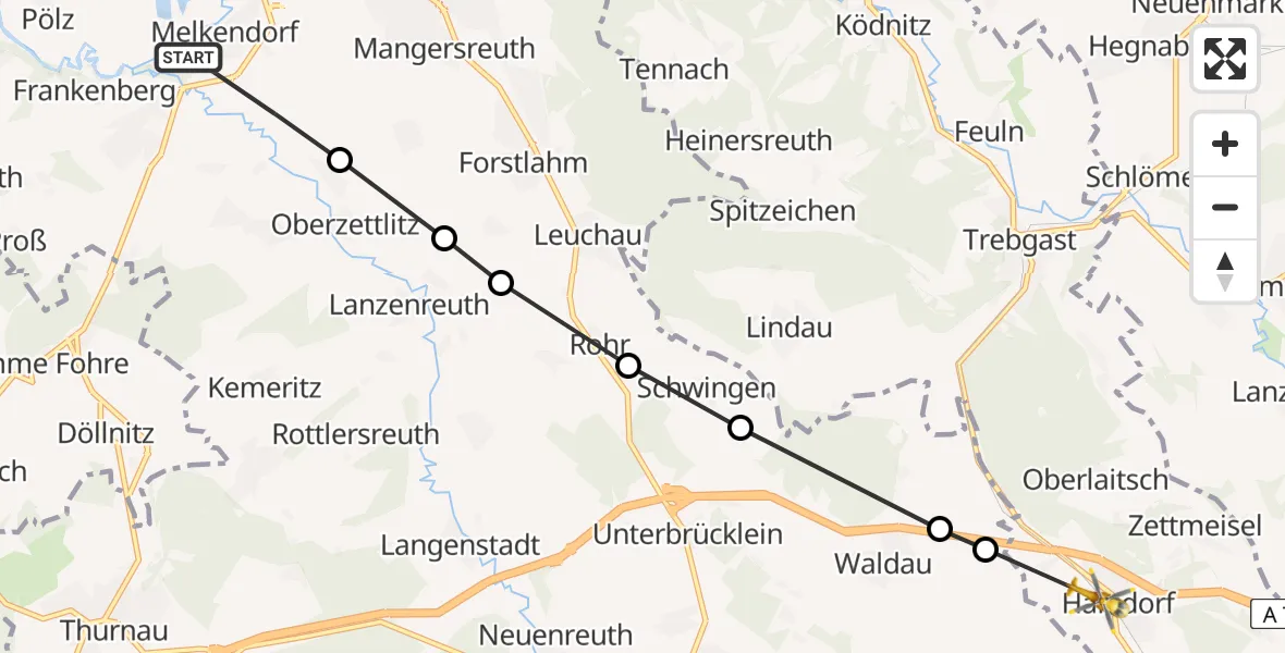 Flugroute Rettungshubschrauber Melkendorf - Oberlaitsch, 25 März 2026, 07:55