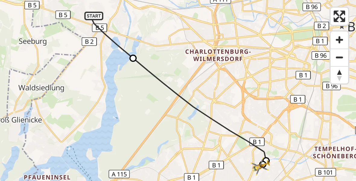 Flugroute Rettungshubschrauber Spandau - Charité Clinic Benjamin Franklin Campus, 25 März 2026, 07:58