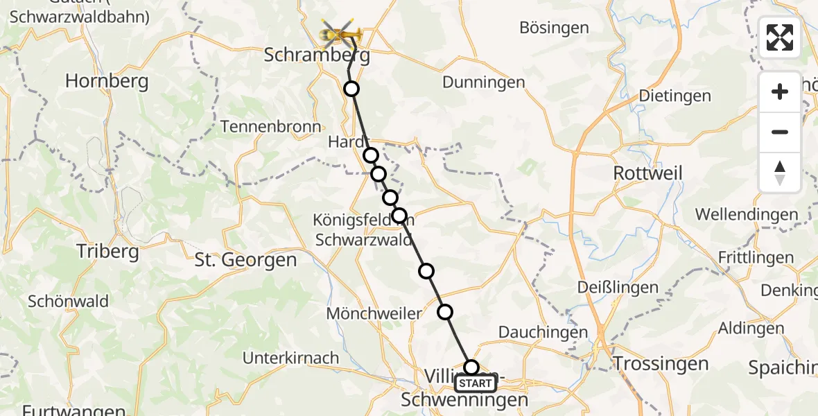 Flugroute Rettungshubschrauber DRF Air Rescue Station Villingen-Schwenningen Hubschrauberlandeplatz (Christoph 11) - Schramberg, 25 März 2026, 07:59