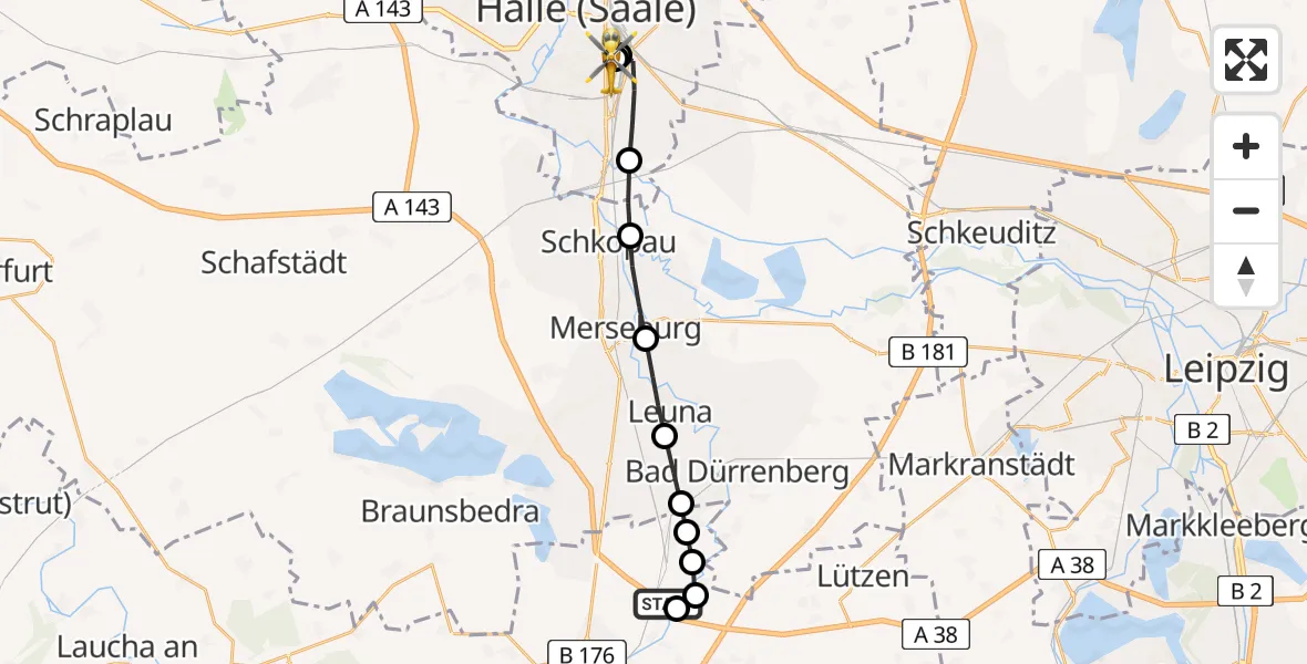 Flugroute Rettungshubschrauber Schkortleben - BG Hospital Bergmannstrost Halle, 25 März 2026, 07:59