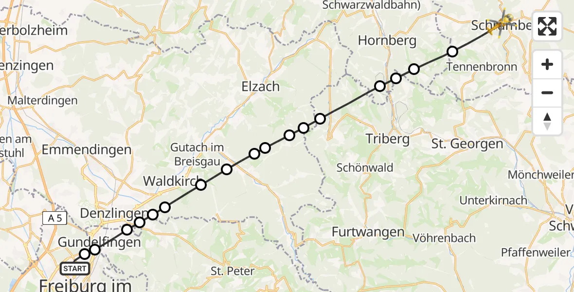 Flugroute Ambulanzhubschrauber Freiburg im Breisgau Flugplatz - Schramberg, 25 März 2026, 08:10