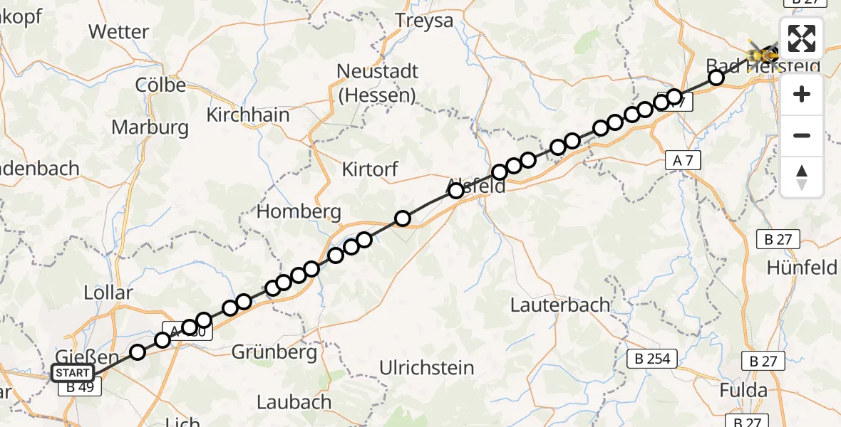 Flugroute Rettungshubschrauber Gießen - Bad Hersfeld Hospital, 25 März 2026, 08:18