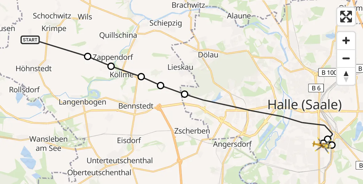 Flugroute Rettungshubschrauber Krimpe - BG Hospital Bergmannstrost Halle, 25 März 2026, 08:18