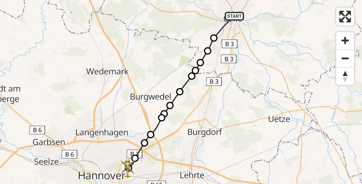 Routekaart van de vlucht: Rettungshubschrauber nach Hannover Luftrettung Hubschrauberlandeplatz (Christoph 4)
