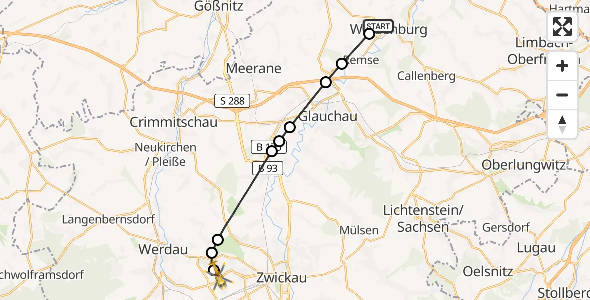 Routekaart van de vlucht: Rettungshubschrauber nach ADAC Air Rescue Station Zwickau Hubschrauberlandeplatz