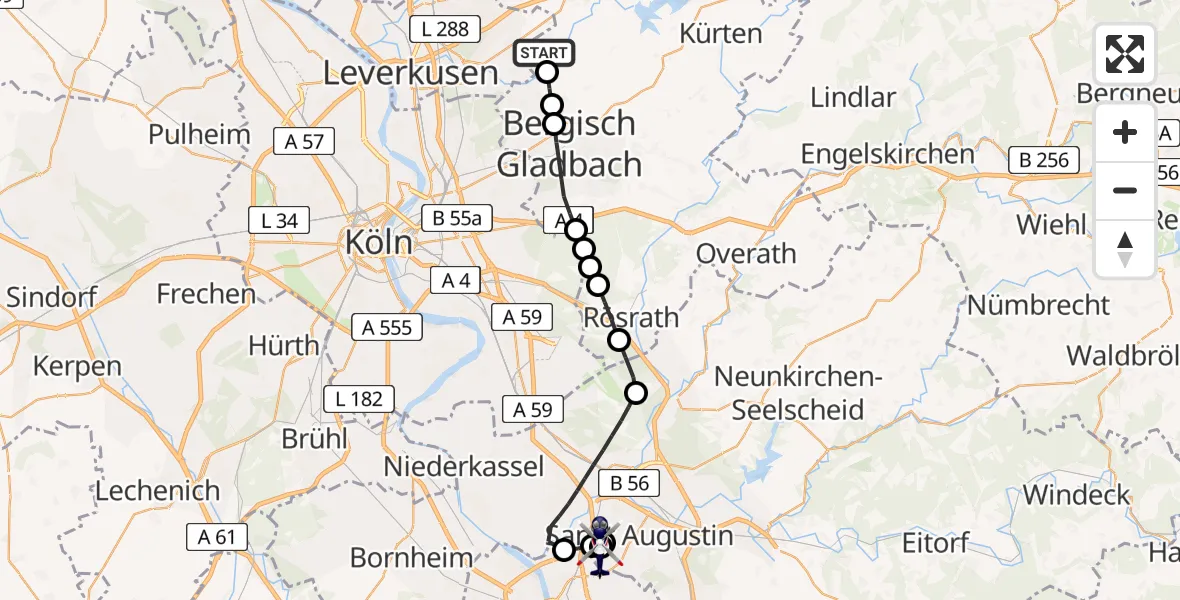 Flugroute Polizeihubschrauber Glöbusch - Sankt Augustin, 25 März 2026, 08:29