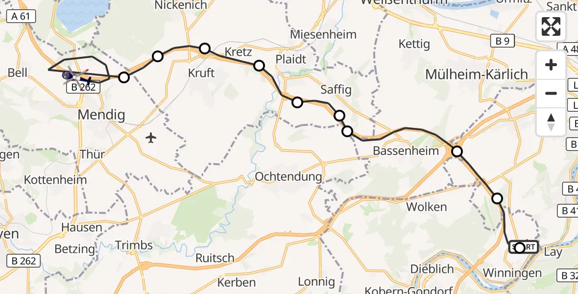 Flugroute Polizeihubschrauber Koblenz-Winningen Flugplatz - Mendig, 25 März 2026, 08:31