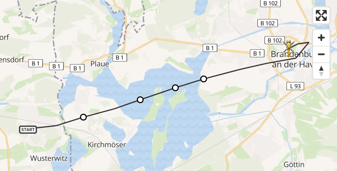 Flugroute Rettungshubschrauber Wusterwitz - Brandenburg an der Havel, 25 März 2026, 08:34