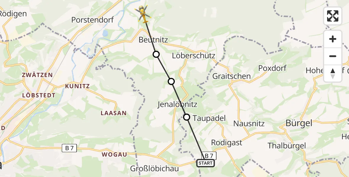 Flugroute Rettungshubschrauber Rodigast - Naura, 25 März 2026, 08:34