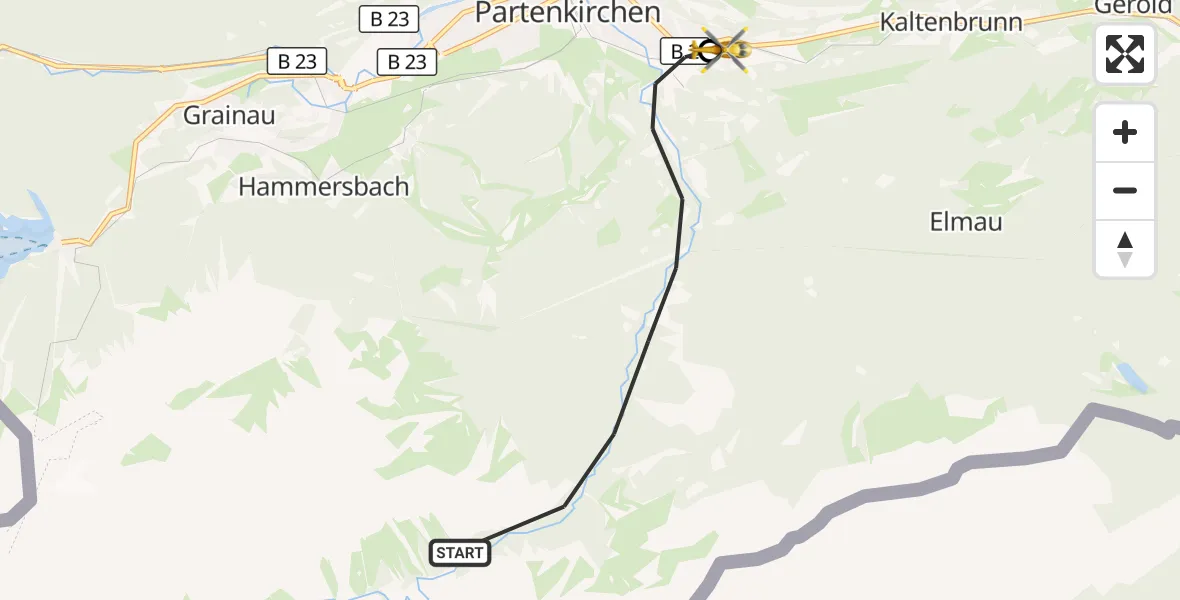Flugroute Rettungshubschrauber Garmisch-Partenkirchen - Garmisch-Partenkirchen Clinic Hubschrauberlandeplatz, 25 März 2026, 08:37