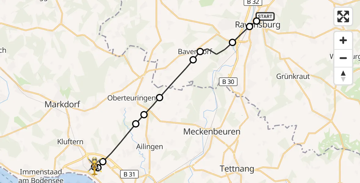 Flugroute Rettungshubschrauber Sankt Elisabeth Hospital - Friedrichshafen Hospital, 25 März 2026, 08:42