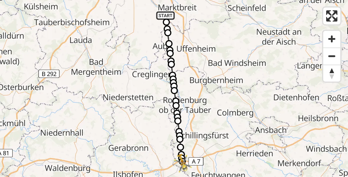 Flugroute Rettungshubschrauber Marktbreit - Grimmschwinden, 25 März 2026, 08:48