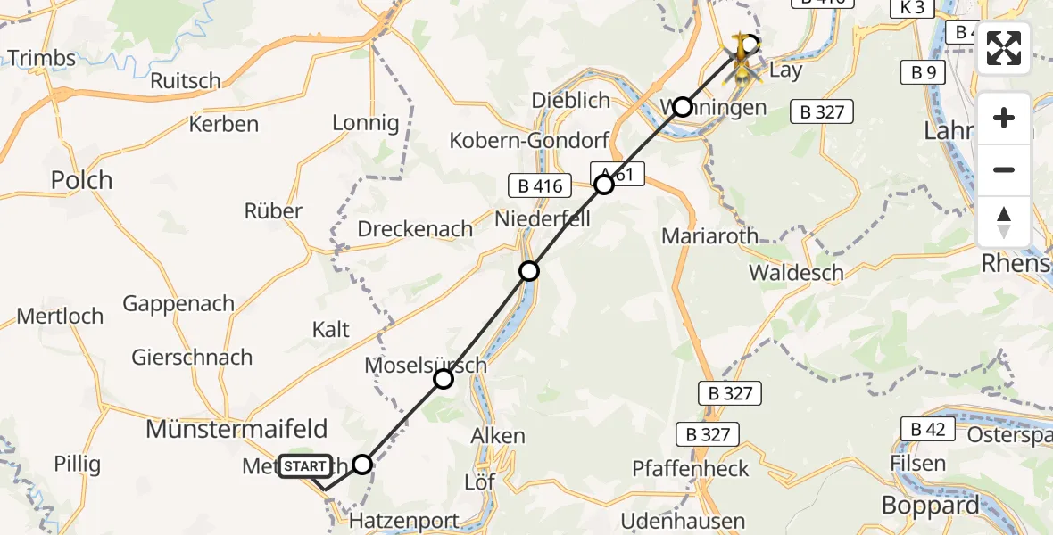 Routekaart van de vlucht: Rettungshubschrauber nach Koblenz-Winningen Flugplatz