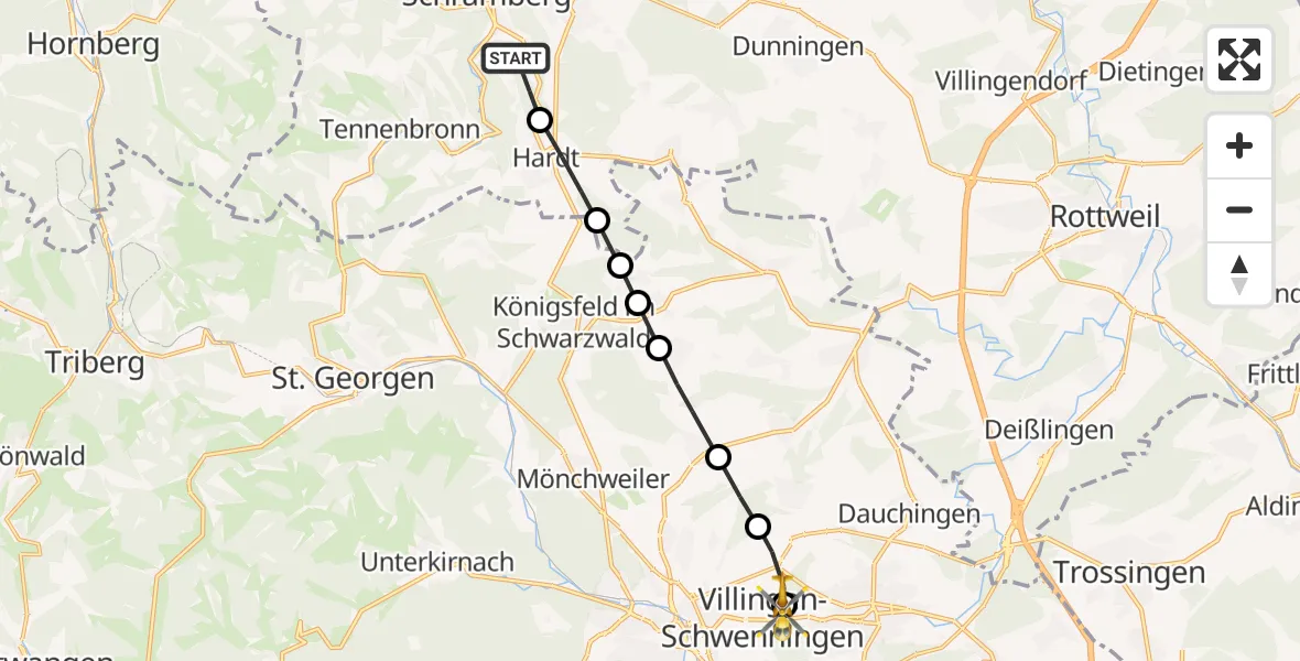 Flugroute Rettungshubschrauber Schramberg - DRF Air Rescue Station Villingen-Schwenningen Hubschrauberlandeplatz (Christoph 11), 25 März 2026, 08:50