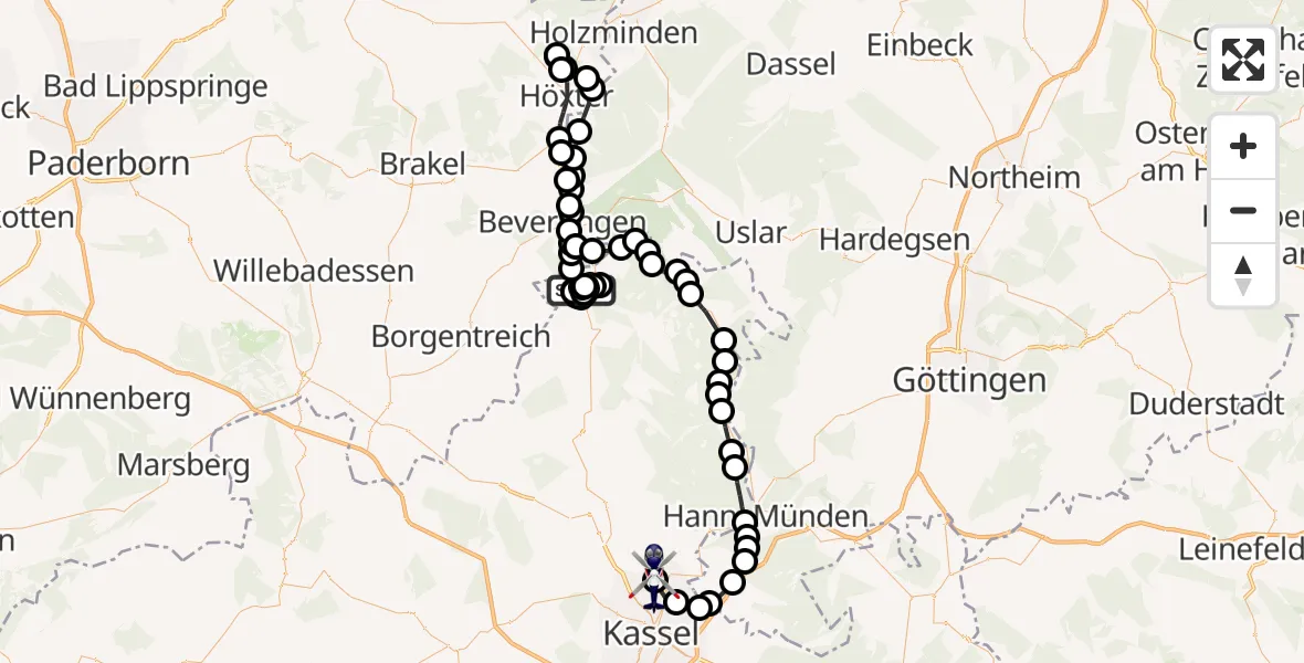Routekaart van de vlucht: Polizeihubschrauber nach Fuldatal Bundespolizei Hubschrauberlandeplatz