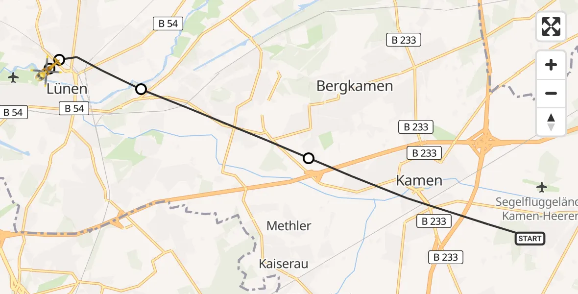 Flugroute Rettungshubschrauber Kamen - Sankt Marien Hospital, 25 März 2026, 08:53