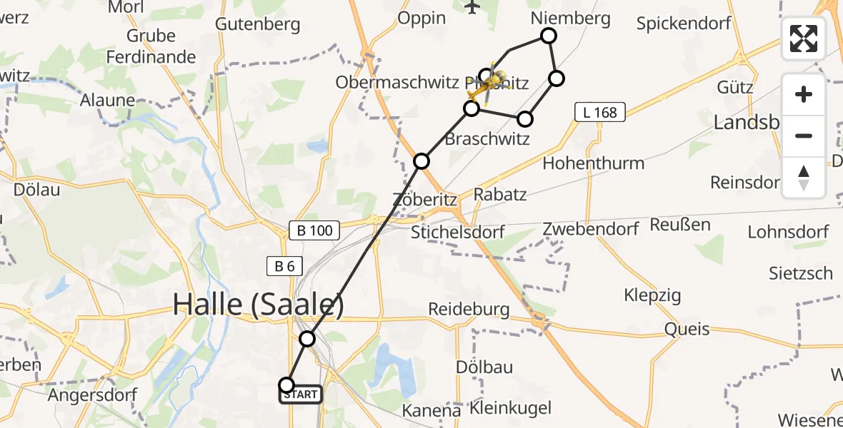 Flugroute Rettungshubschrauber BG Hospital Bergmannstrost Halle - Landsberg, 25 März 2026, 08:53