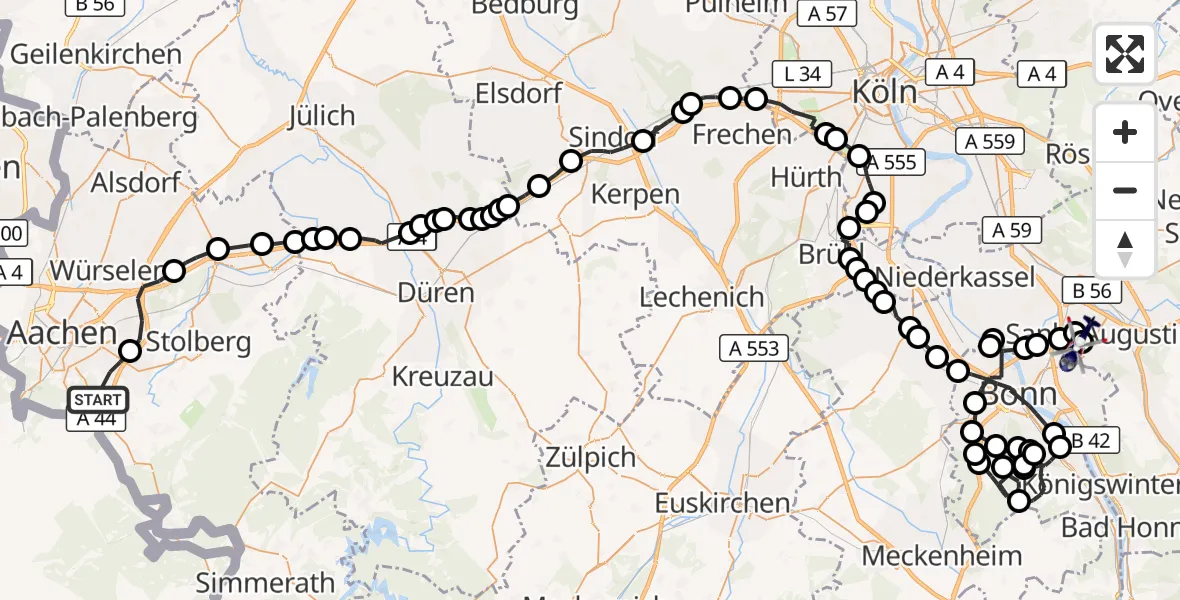 Flugroute Polizeihubschrauber Aachen-Mitte - Bonn-Hangelar Flugplatz, 25 März 2026, 08:54