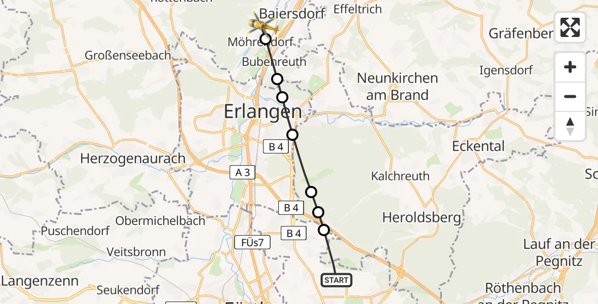 Flugroute Rettungshubschrauber Flughafen Nuremberg - Kleinseebach, 25 März 2026, 09:02