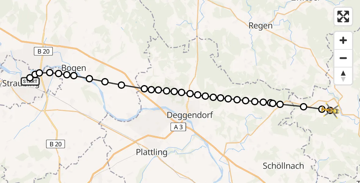 Flugroute Rettungshubschrauber Sankt Elisabeth Hospital Straubing - Innernzell, 25 März 2026, 09:08