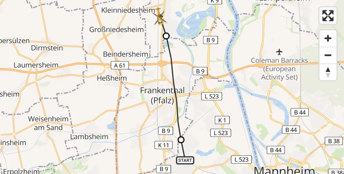 Flugroute Rettungshubschrauber Ludwigshafen am Rhein - Bobenheim-Roxheim, 25 März 2026, 09:11