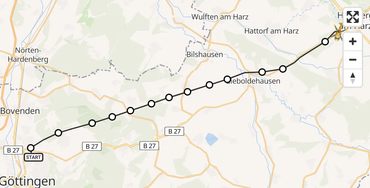 Flugroute Rettungshubschrauber Göttingen University Clinic Hubschrauberlandeplatz - Herzberg am Harz, 25 März 2026, 09:15