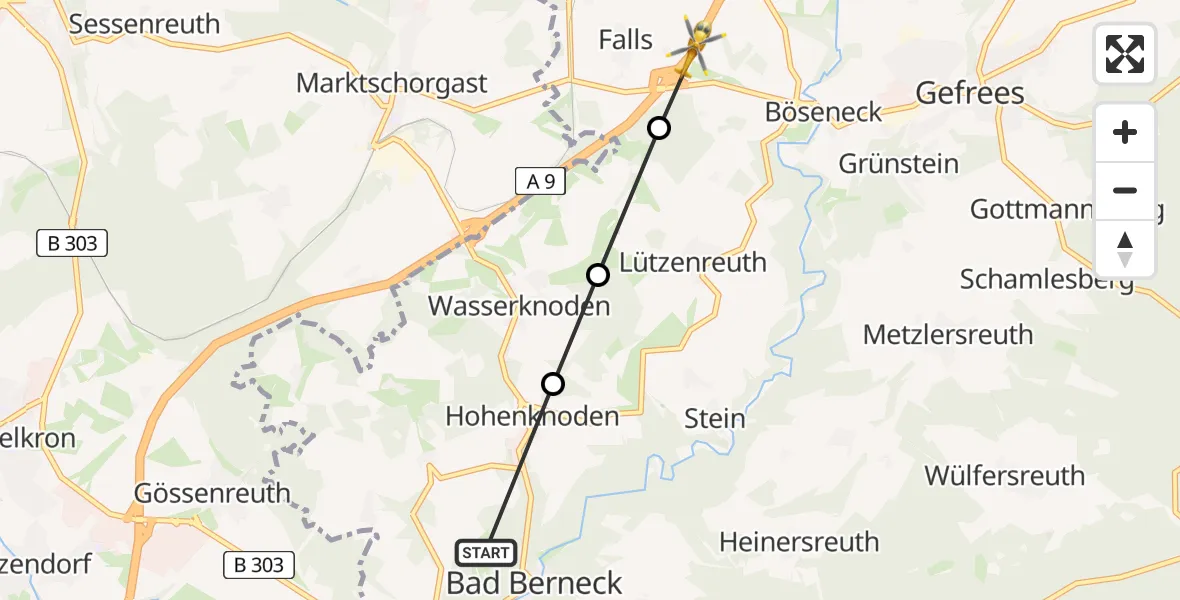 Flugroute Rettungshubschrauber Bad Berneck - Falls, 25 März 2026, 09:16