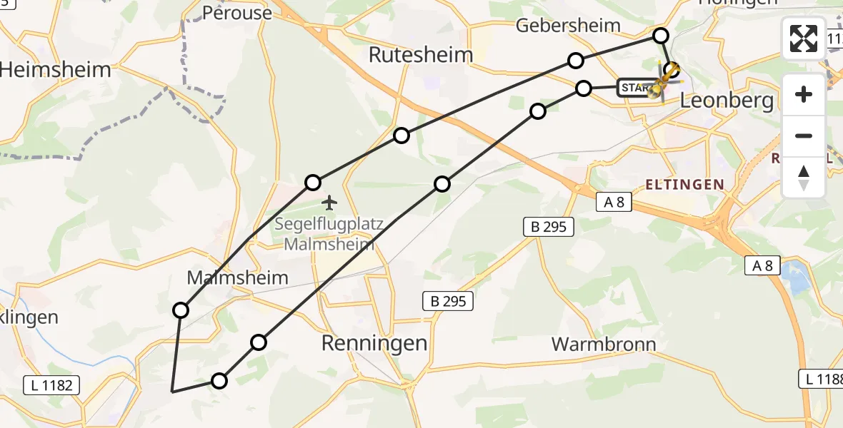 Flugroute Rettungshubschrauber Leonberg Hospital - Leonberg Hospital, 25 März 2026, 09:21