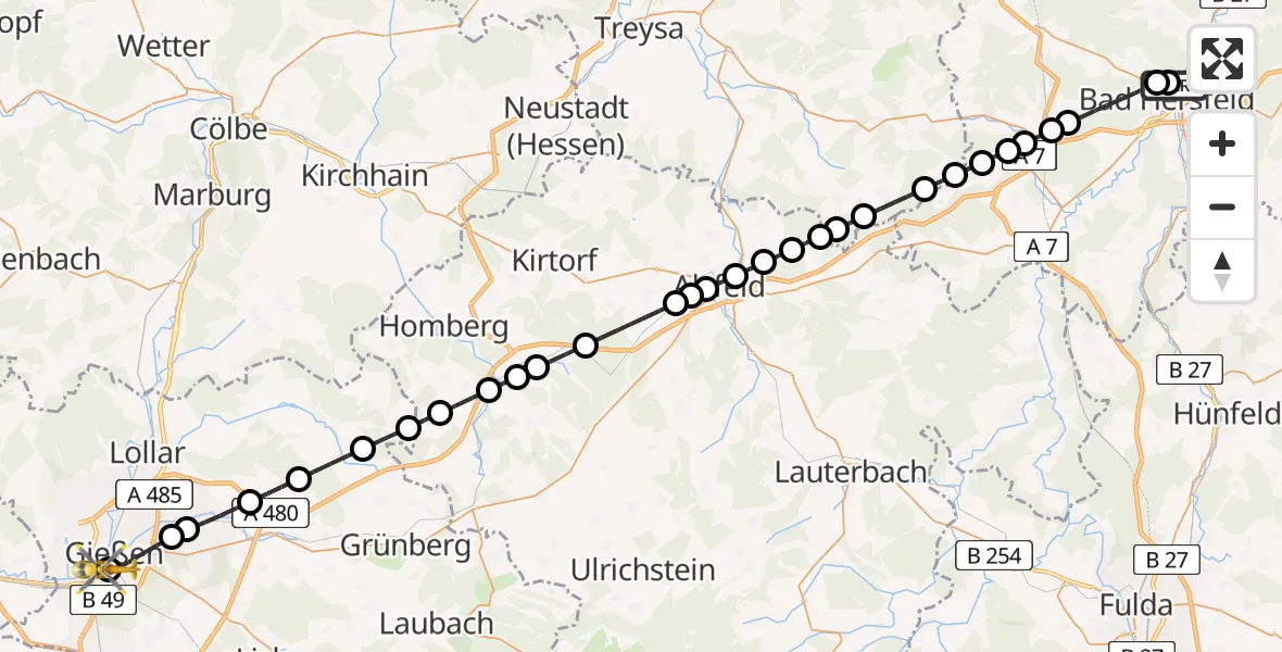 Flugroute Rettungshubschrauber Bad Hersfeld Hospital - Gießen University Hospital, 25 März 2026, 09:23