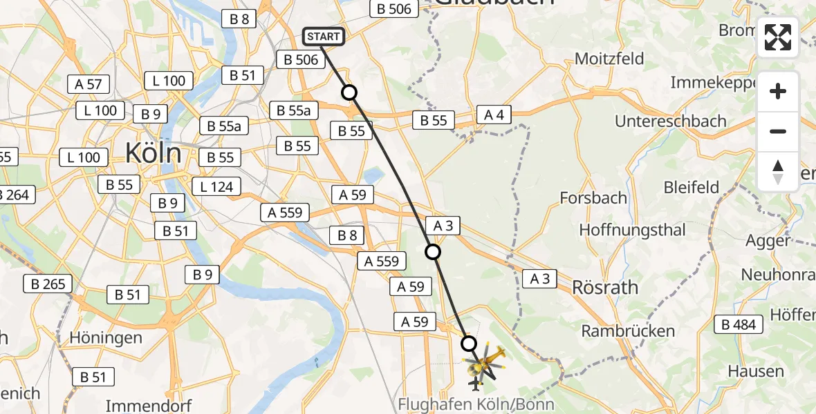 Flugroute Rettungshubschrauber Mülheim - Köln Bonn Flughafen, 25 März 2026, 09:25
