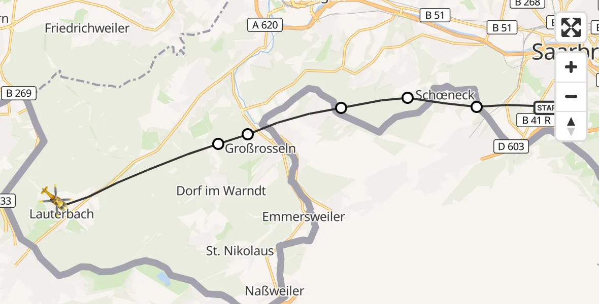 Flugroute Rettungshubschrauber Saarbrücken - Völklingen, 25 März 2026, 09:25