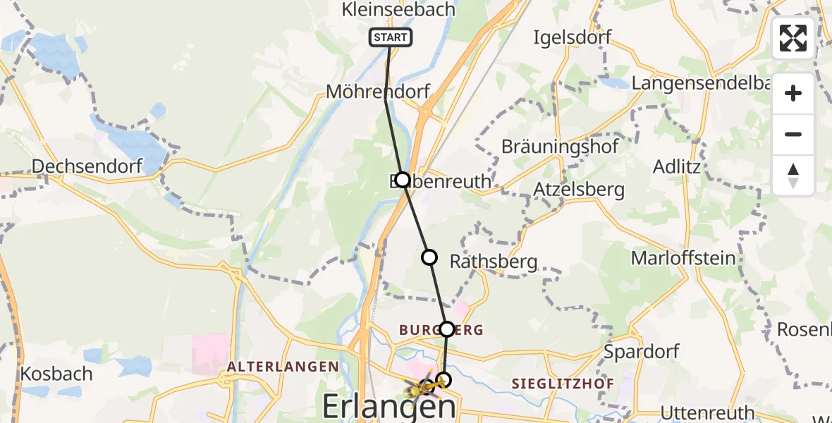 Routekaart van de vlucht: Rettungshubschrauber nach Erlangen University Hospital Rooftop