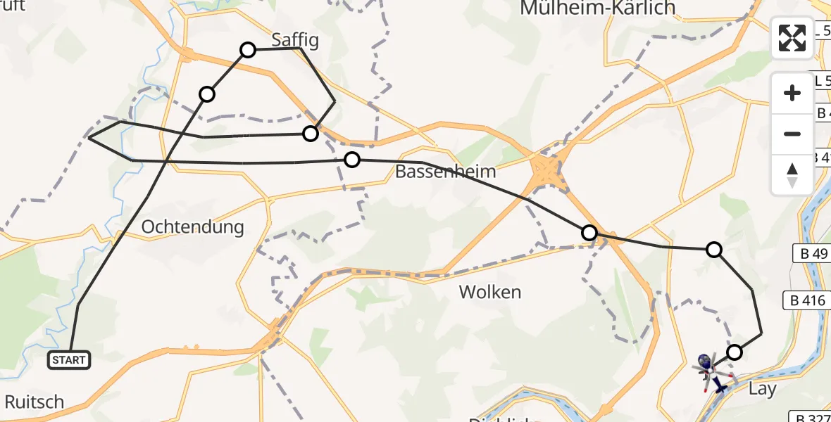 Flugroute Polizeihubschrauber Ochtendung - Koblenz-Winningen Flugplatz, 25 März 2026, 09:28