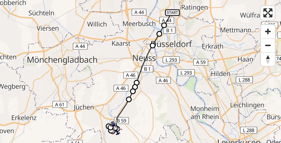 Flugroute Polizeihubschrauber Düsseldorf Flughafen - Allrath, 25 März 2026, 09:30