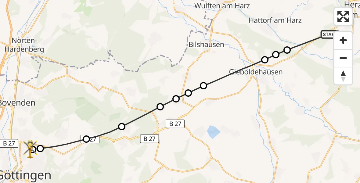 Routekaart van de vlucht: Rettungshubschrauber nach Göttingen University Clinic Hubschrauberlandeplatz