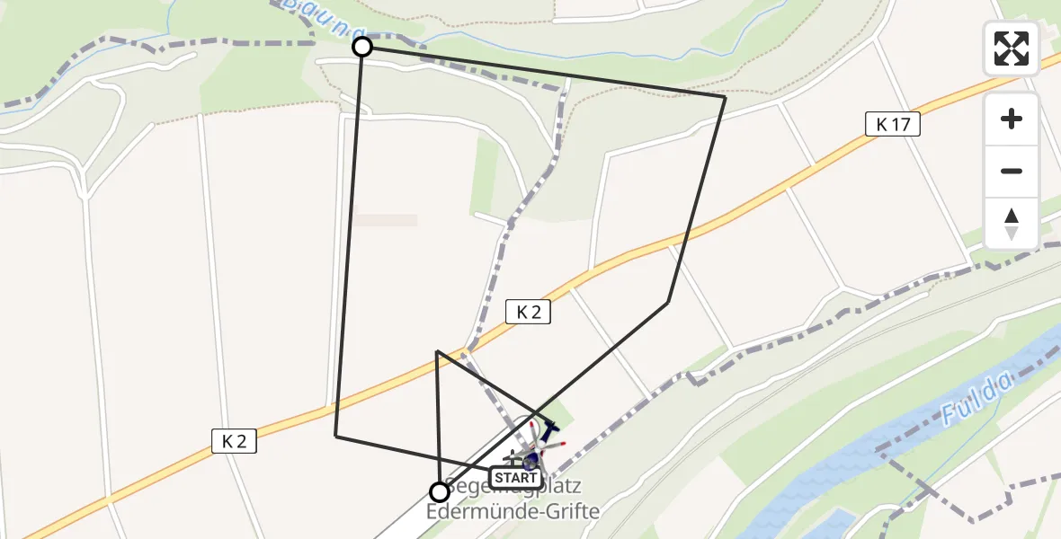 Flugroute Polizeihubschrauber Edermünde-Grifte Flugplatz - Edermünde-Grifte Flugplatz, 25 März 2026, 09:38