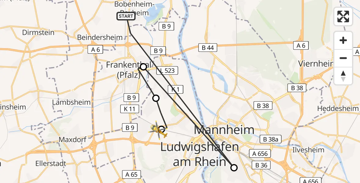 Routekaart van de vlucht: Rettungshubschrauber nach Ludwigshafen Accident Hospital